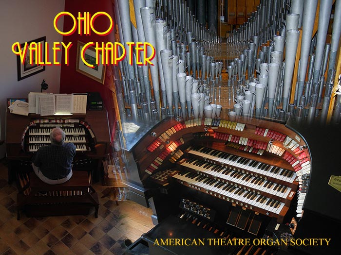A collage of photos of organ pipes, a Robert Morton console, and an Allen Theatre Organ